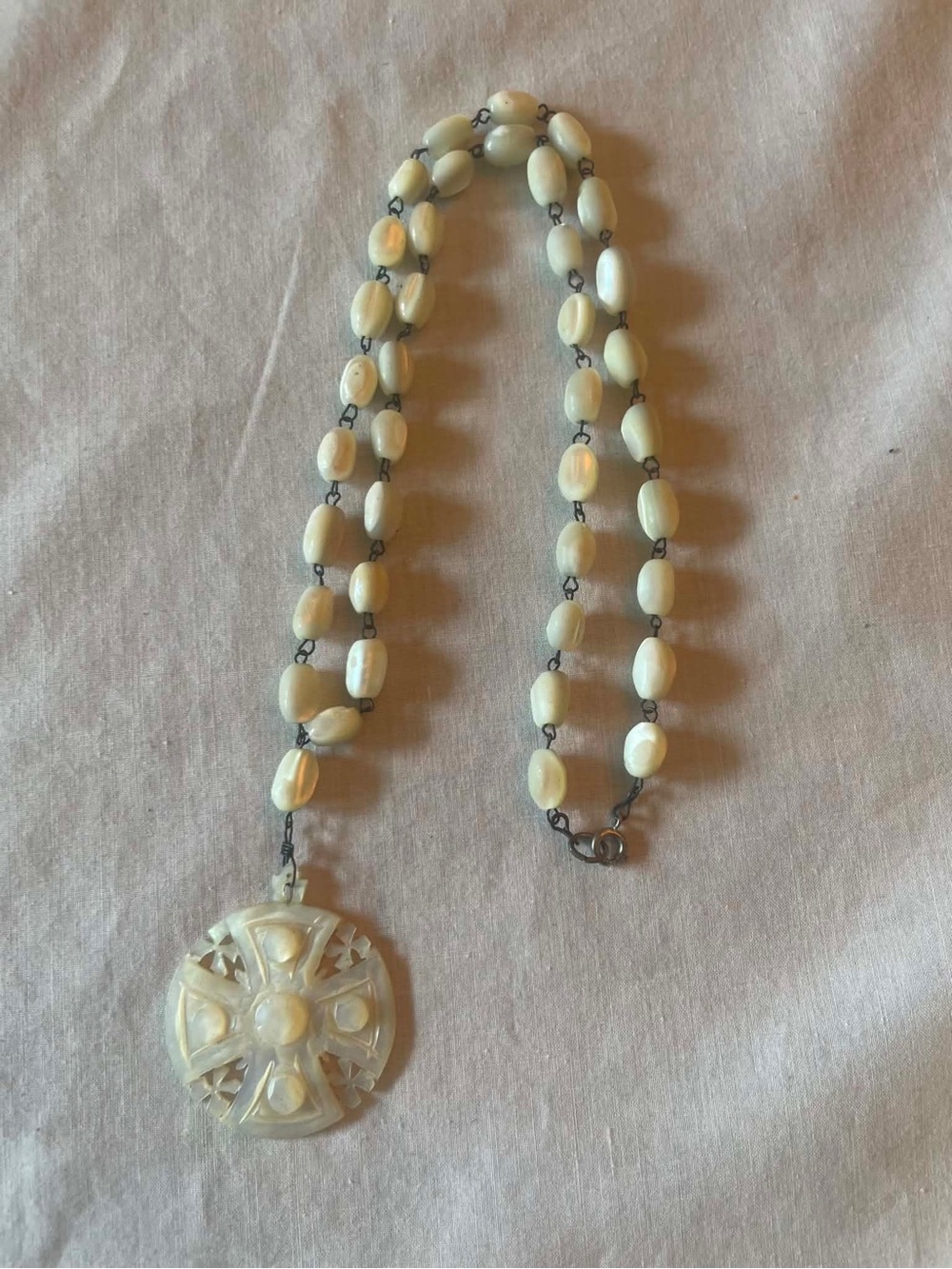 Cream Beaded Cross Pendant Necklace - Women Jewelry